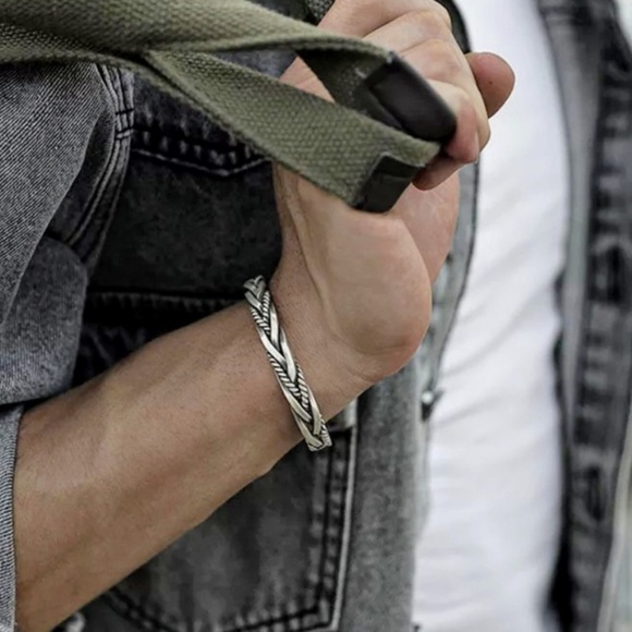 MEN’S Solid Braided Adjustable 925 Sterling Silver Cuff Bracelet - Picture 9 of 14